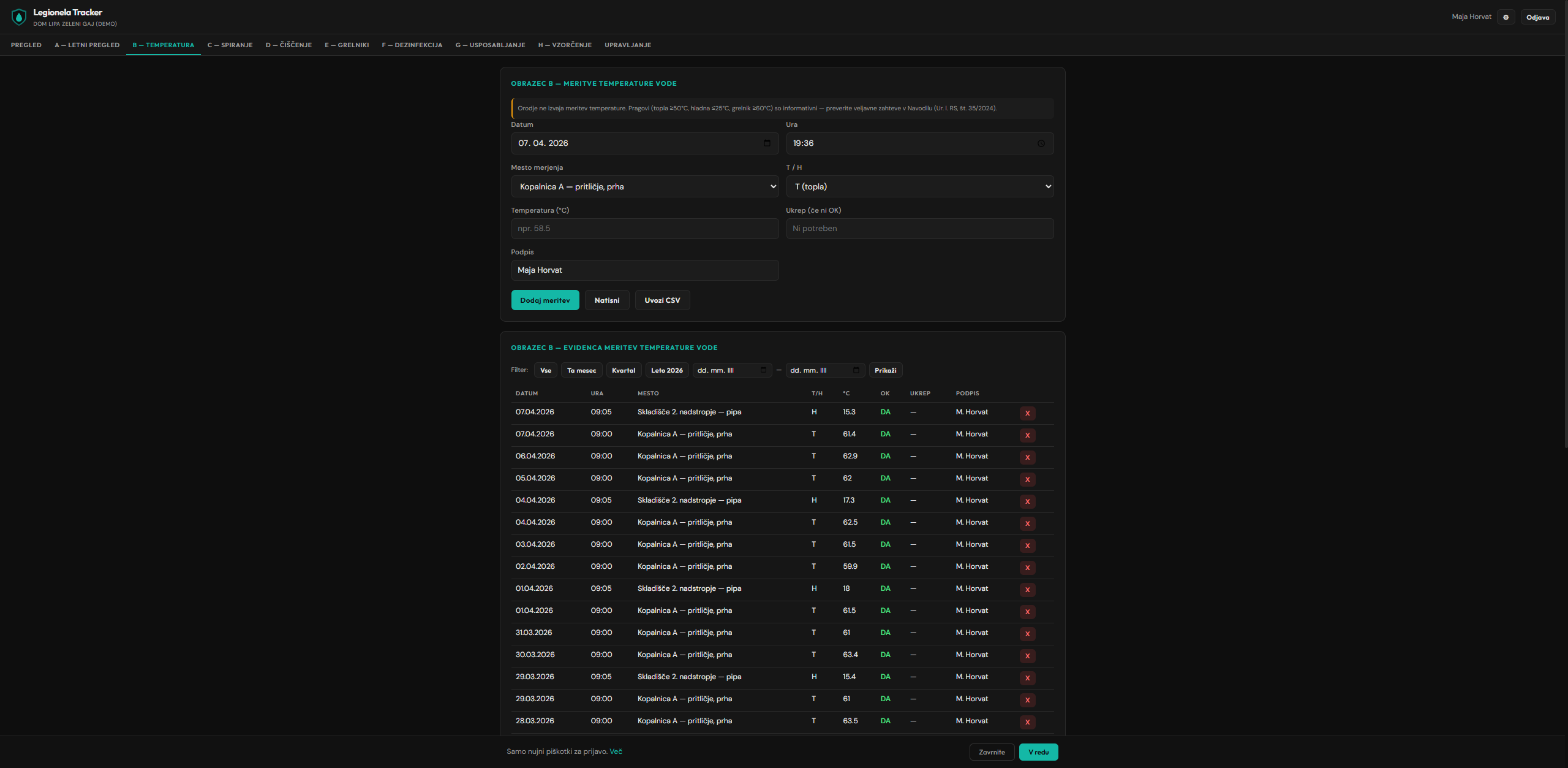 Legionela Tracker — obrazec B za meritve temperature vode